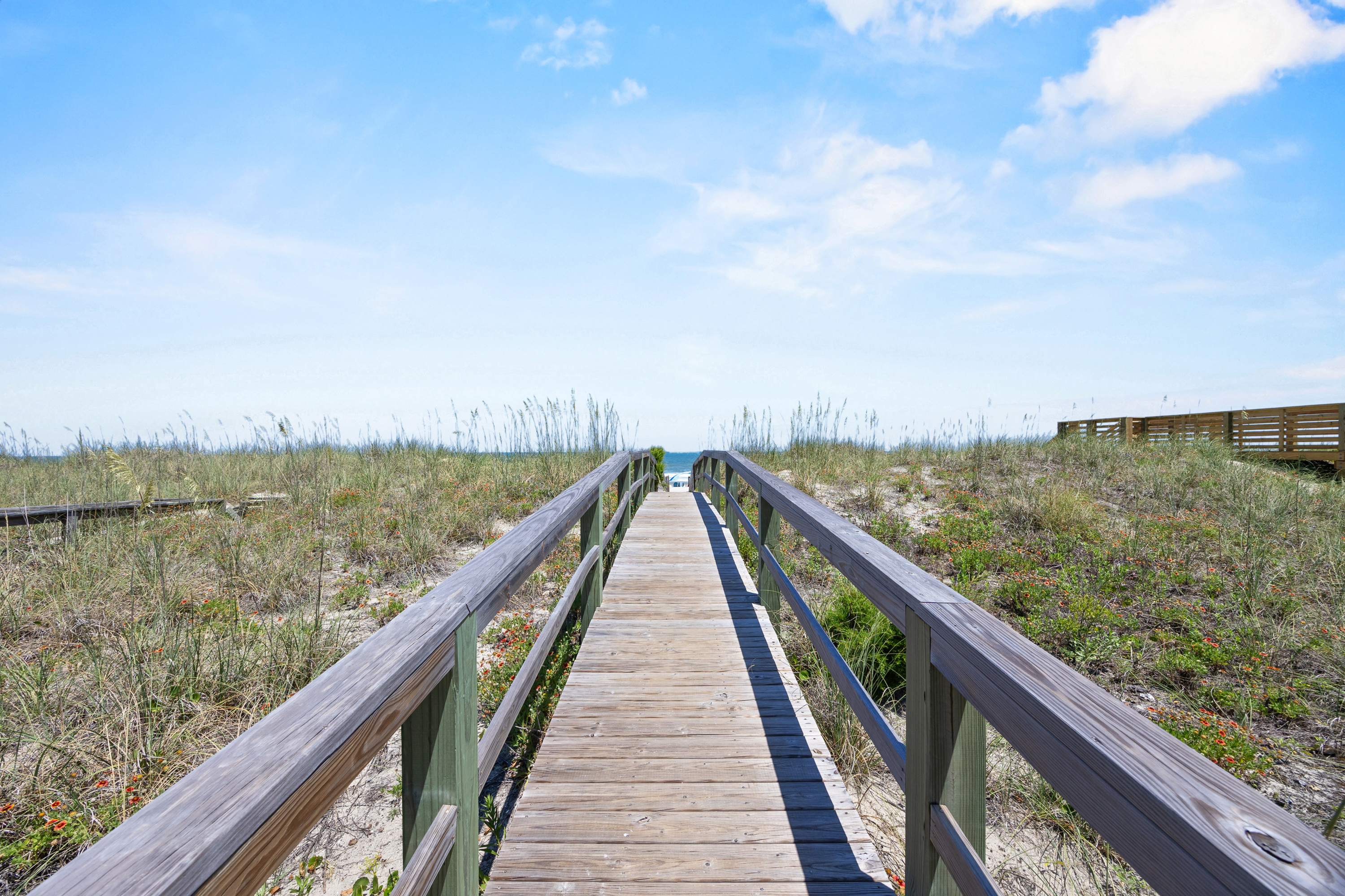The wooden walkway over the dunes leading down to the water, empty in the early morning