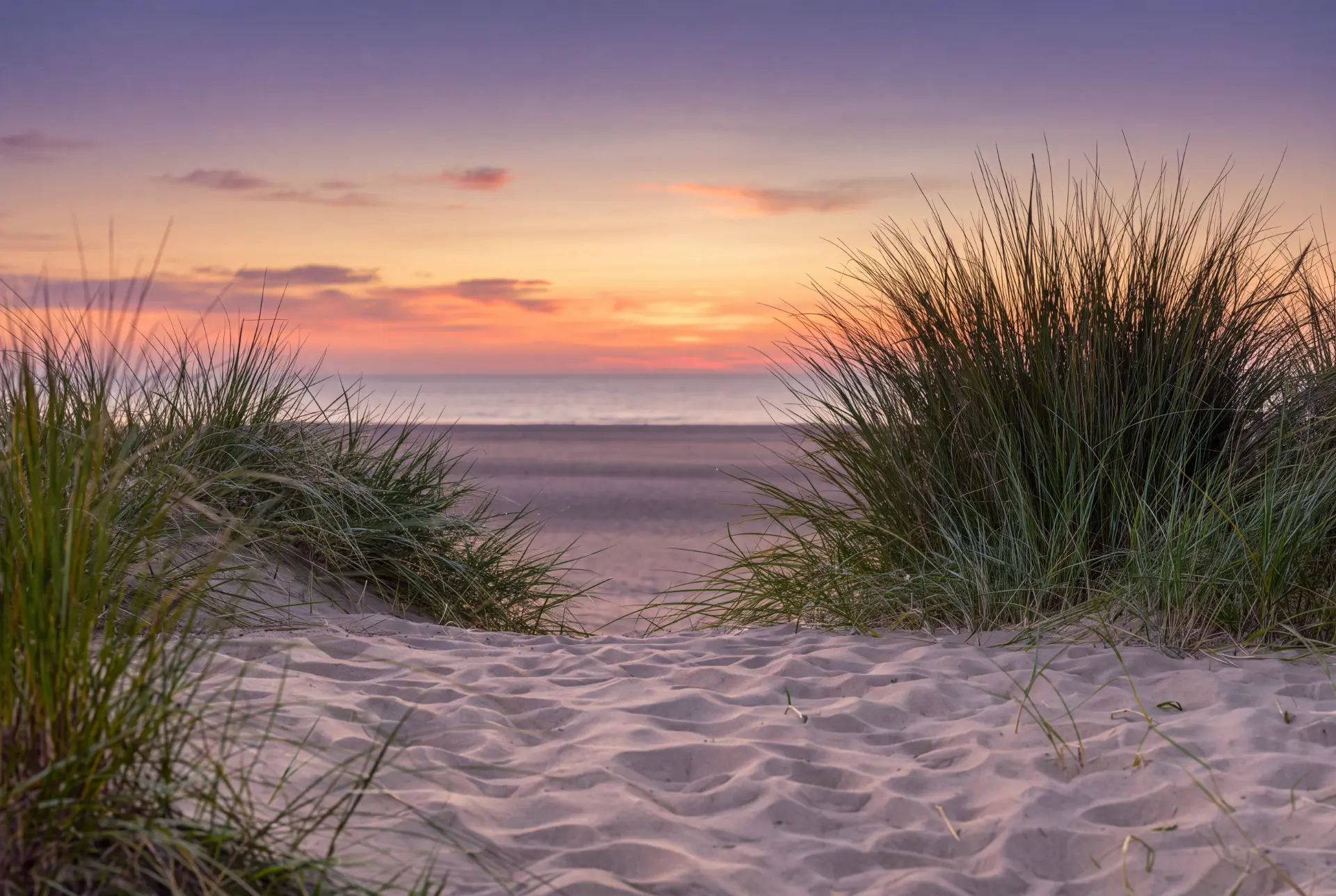A sand path opening between dune grass onto the empty beach as the sun rises over the Atlantic