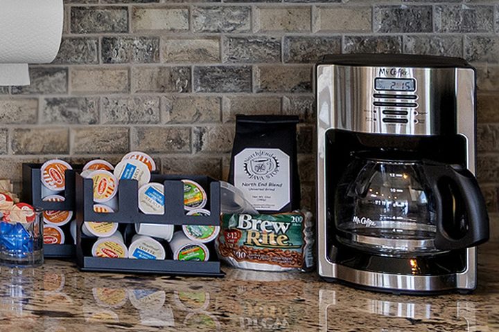 Coffee set out on the counter in the morning