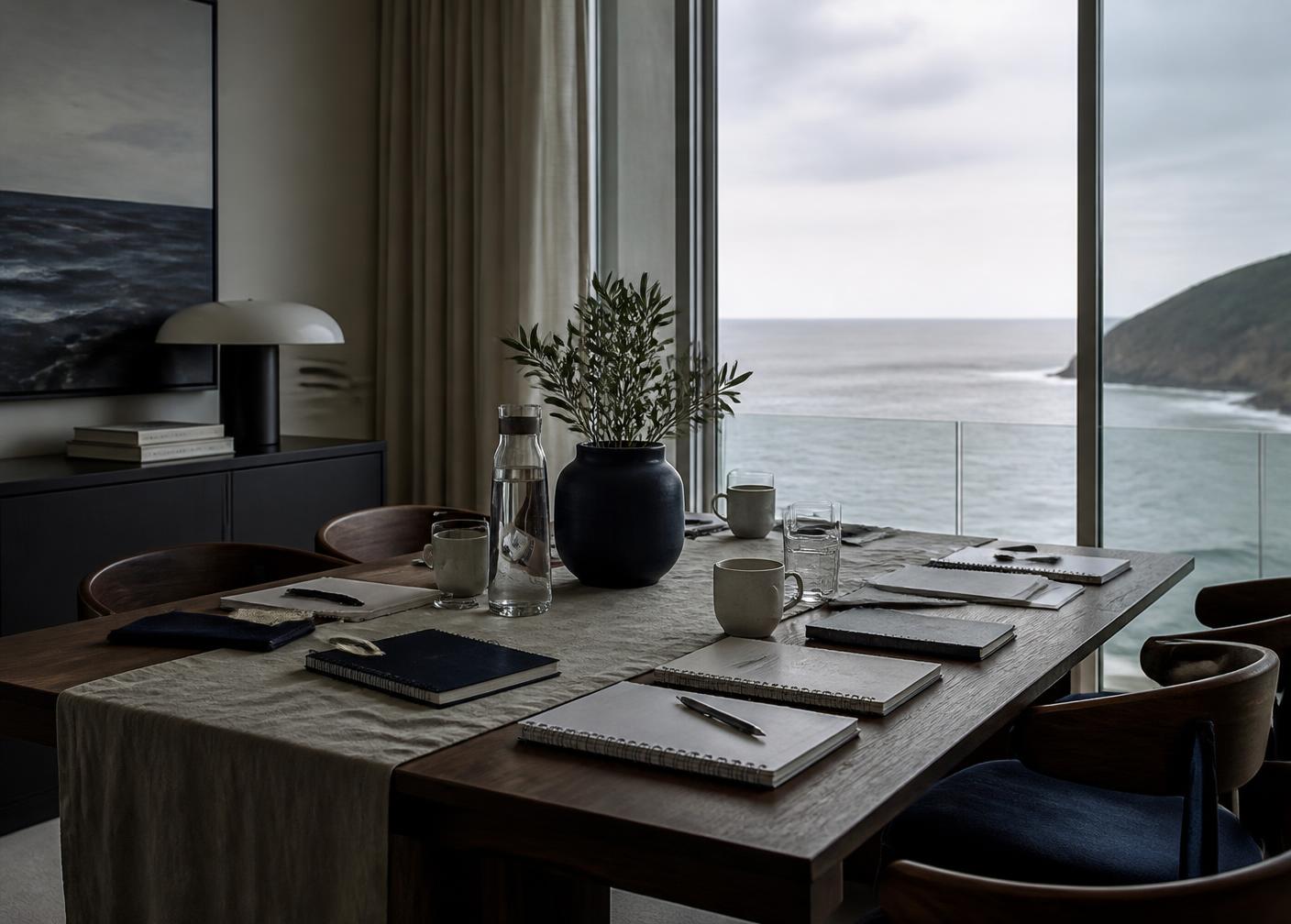 Dining table set for a small working retreat, notebooks and coffee, ocean beyond
